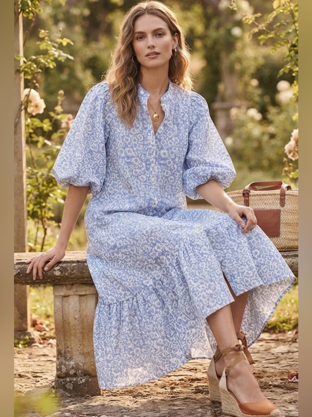 Ro’s Garden Sonia Blue Floral Button Front Puff Sleeve Midi Dress SZ Medium